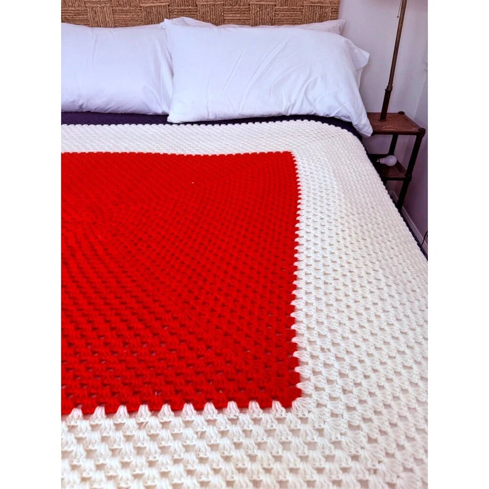 Vintage Large Crochet Afghan Blanket Throw Handmade 100” x 104” Red White & Blue